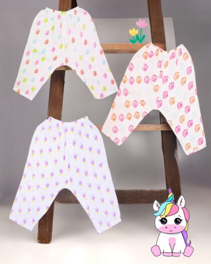 Soft Muslin Cotton Baby Pants set of 3 by Cute Potato India– Shell, Ice cream, Bee Print