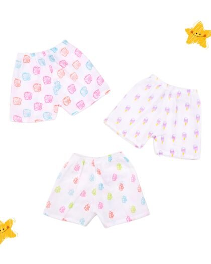 Muslin cotton baby shorts - set of 3 | Ice Cream, Shell & Bee Print | Lightweight & Breathable