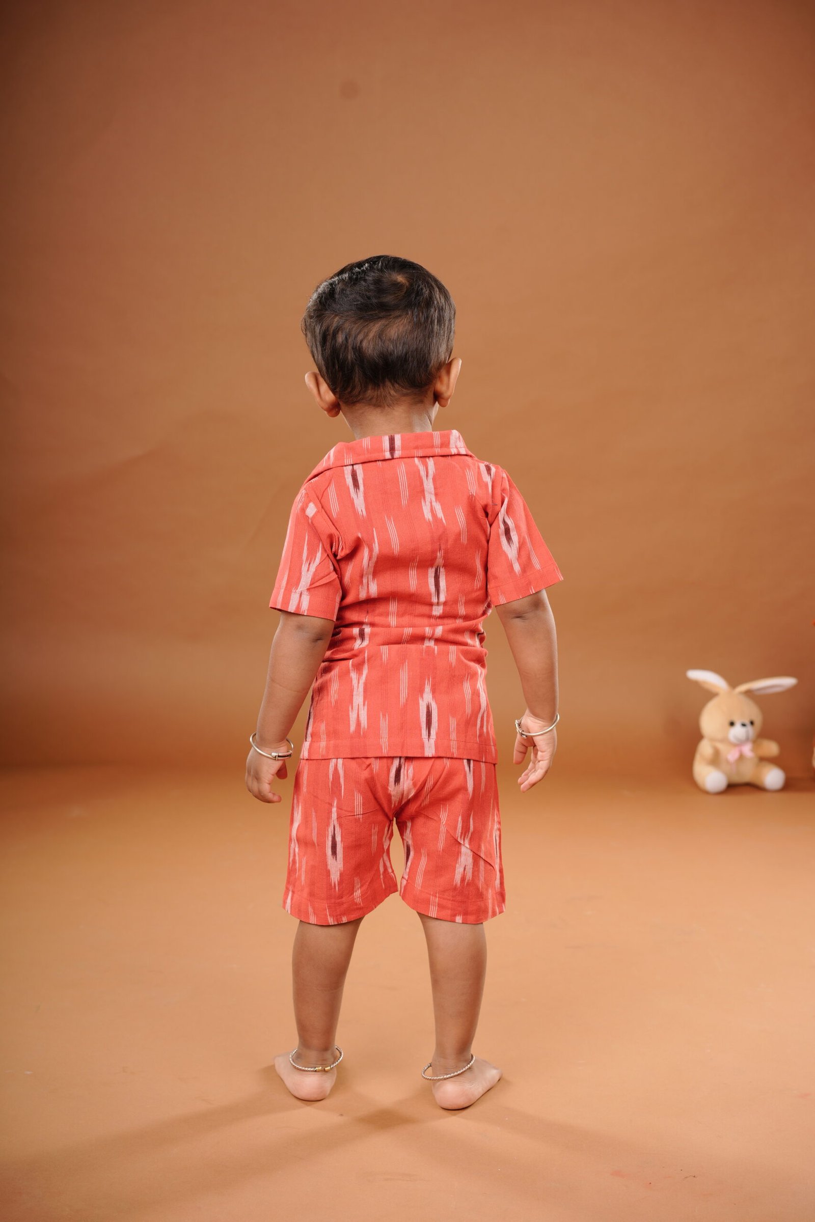 Red Ikkat Cotton Co-Ord Set for Kids | Shirt & Shorts Ethnic Outfit - Image 4