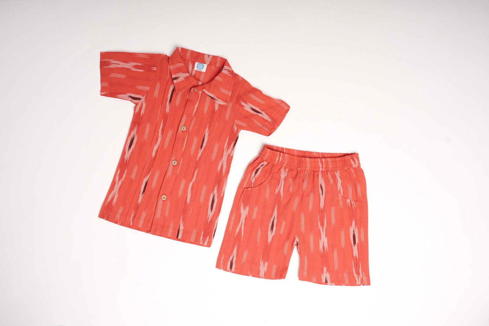 Red Ikkat Cotton Co-Ord Set for Kids | Shirt & Shorts Ethnic Outfit - Image 5